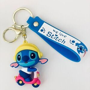 NWT Disney We love Stitch on Moped Blue Wristlet Key holder Keyring Keychain